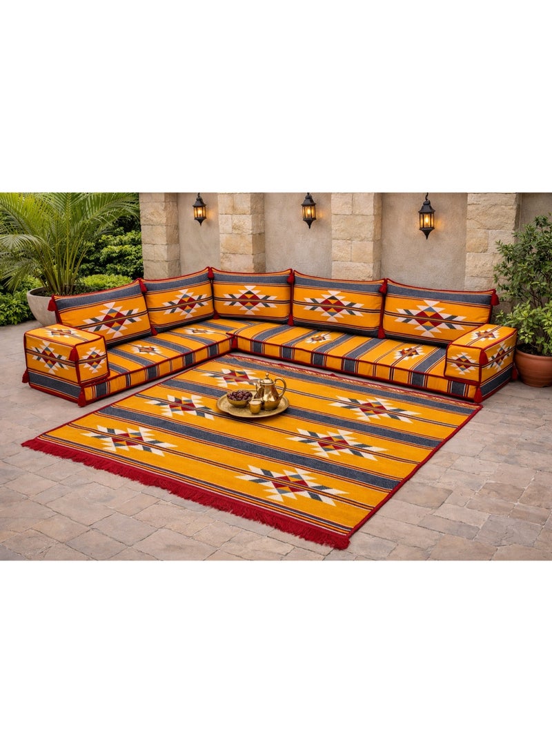 اكس بوت طقم كنبة مجلس أرضي عربي بنقوش هندسية، جلسة تقليدية باللون البرتقالي مع سجادة متناسقة، وتفاصيل حواف باللون الأحمر - Image 2